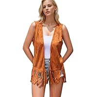 TRIWORKS Colete feminino com franjas para concerto, cowgirl, ocidental, para mulheres, country show, hippie, fantasia hippie dos anos 70, jaqueta sem mangas, B - Marrom, Large