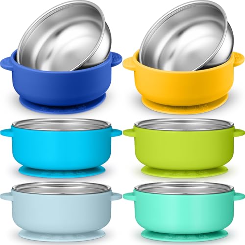 Image of Nuogo 6 Pcs Stainless Steel Baby Bowls with Removable Silicone Shell 304 Toddler Bowls Kids Anti Scald Snack Container for Food Feeding, Dishwasher Safe(Blue Series Color,Suction-a)