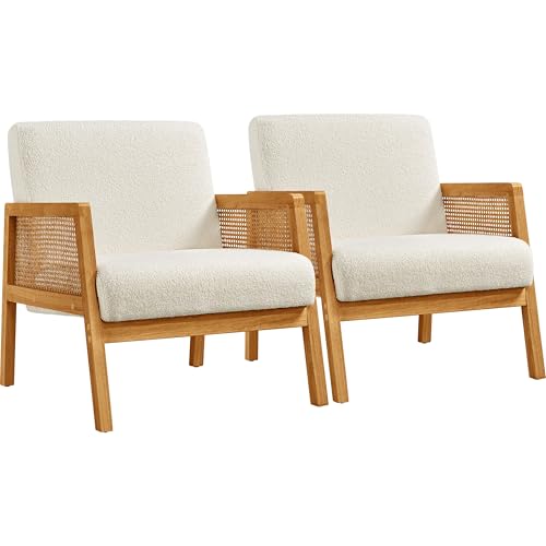 Yaheetech Boucle Fabric Accent Chair, Vintage Rattan Vanity Chair with Wood Armrest and Legs for Living Room Bedroom Makeup Room, Ivory, 2 pcs