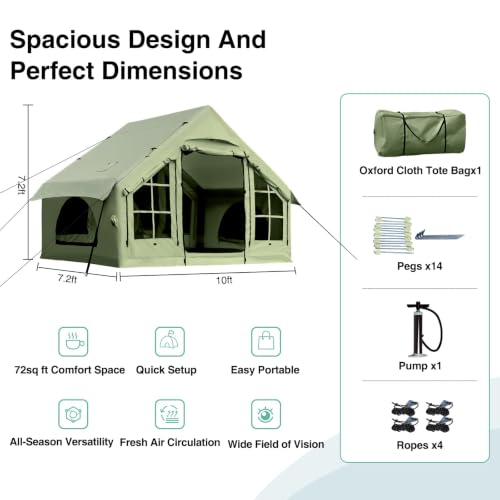 Image of KNUO Inflatable Camping Tent, Large Blow-Up Air Tent, No Assembly Needed Luxury Glamping House, Oxford Fabric