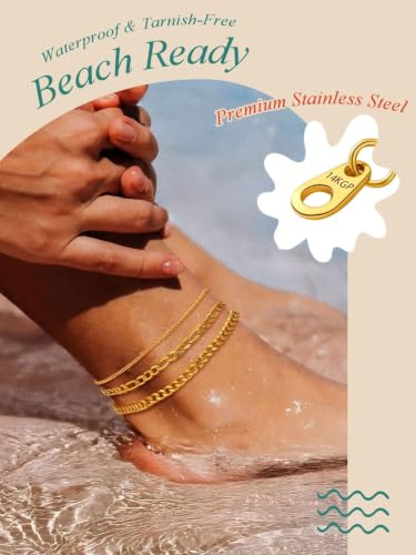 Image of FaithHeart Waterproof Ankle Bracelets for Women, 1 /2 /3Pcs Non Tarnish Stainless Steel Layered Anklet Set Paperclip Figaro Cuban Link Chain Dainty Summer Beach Jewelry Gift Adjustable Size