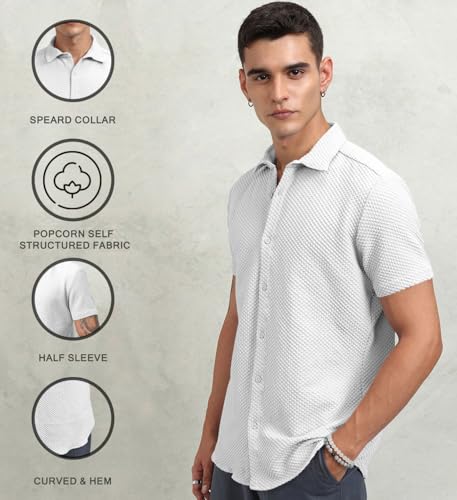Image of Zombom Men's Poly Cotton Textured Short Sleeve Shirt | Slim Fit Casual Wear | Premium Stretch Fabric | Button Down Collar | Stylish Party Shirt for Men