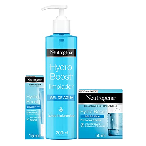 Neutrogena Hydro Boost, 1 Limpiador Facial (200ml), 1 Gel de Agua Pieles Normales y Mixtas (50ml), 1 Contorno Ojos Anti-Fatiga (15ml), con Ácido Hialurónico, Pack de 3