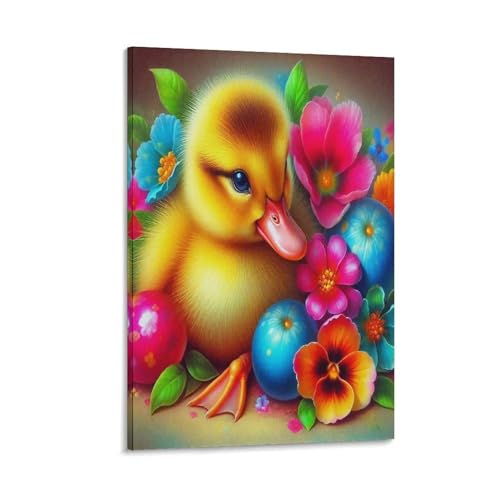 Impression Toile Canard de Pâques Fleur Rose Bleue Décoration