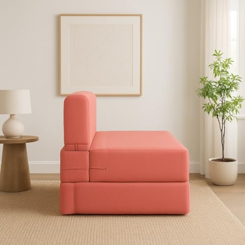 Image of PUM PUM 2-Seater Sofa Cum Bed | EPE Foam Foldable Couch with Velvet Fabric & Washable Cover | Convertible Sofa Bed for Home, Living Room & Office Guests | 3 x 6 Ft (Peach)