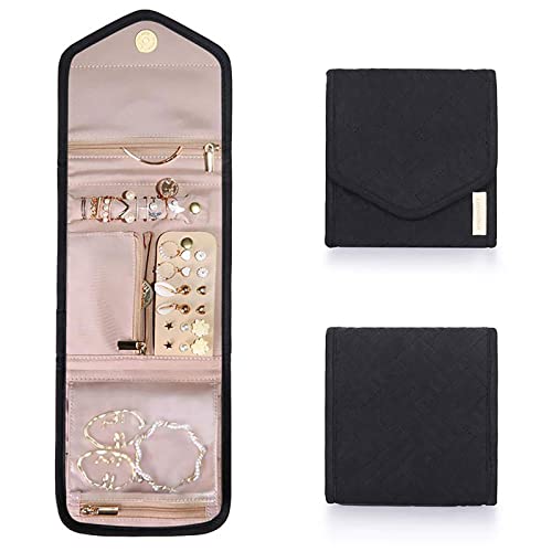 Organiseur de bijoux de voyage en rouleau léger et pliable pochettes à bijoux de voyage étui sac boîte de rangement pour colliers porte-boucles d'oreilles accessoires de vacances cadeaux (Black) Cover