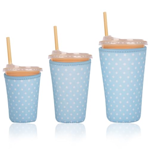 Image of Reusable Insulated Sleeve for Iced Coffee Cup, 3-Pack Coffee Neoprene Drink Sleeve for Cold & Hot Drinks, Beverage Holder for Iced Coffee (Aqua Dots)
