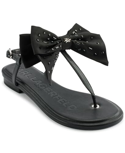 Karl Lagerfeld Paris Women's Cristi Studded Bow Thong Flip Flop Sandal Slide, Black, 9.5