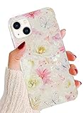 J.west iPhone 13 Case 6.1 inch,Luxury Sparkle Glitter Translucent Soft Clear Colorful Opal Pearly Thinfoil Design Shiny Floral Print Silicone Cover for Women Girls Slim TPU Protective Phone Case