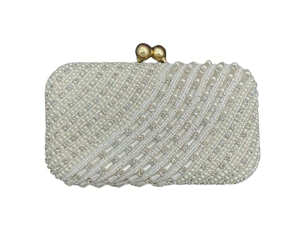 Women’s Pearl Embellished Clutch Bag with Golden Frame & Chain | Off White Evening Bridal Handbag (7 x 4 x 2 Inch)-image-23