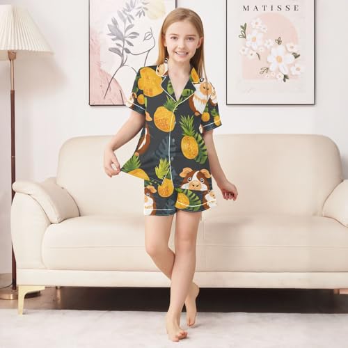 senya Guinea Pig Pineapple Satin Summer Pajama Sets Silk Short Sleeve Button Down Sleepwear4