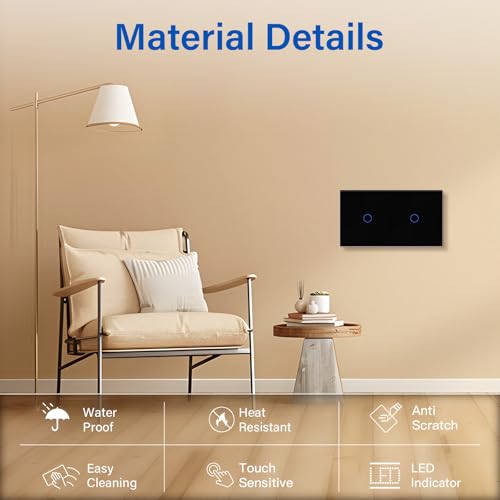 BSEED Touch Lichtschalter 1 Fach 2 Wege mit 1 Fach 2 Wege Glas Lichtschalter Schwarz Led Touch Schalter Touchscreen Funktioniert mit LED Lampe 157mm EU Standard