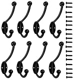 8 Pieces Heavy Duty Coat Hooks Wall Mounted 35 LB Utility Hooks Heavy Duty Cup Metal Hooks Dual Robe Hook Rustic Hooks Retro Double Hooks Coat Hanger and 18 Pieces Screws Black Color