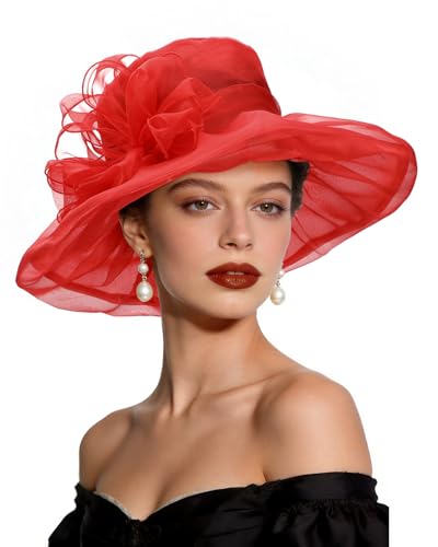 Womens Kentucky-Derby Hats 2026 Red Fascinator -Elegant Tea Party Wedding Church Adjustable Headwear with Removable Flower