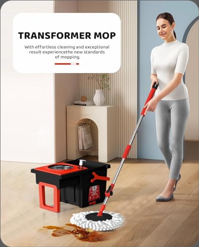 Image of UPC Spin Mop for Home Cleaning Floor | 360 Rotating Stainless Steel Spin Mop Stick with Bucket | Easy Spin Moppers for Cleaning Floor - Wet & Dry Use - Black Red