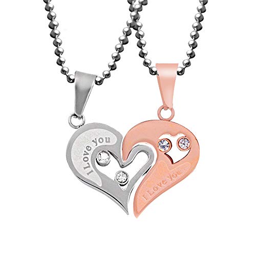 Uloveido 2pcs Couple Necklace Stainless Steel Pendant Heart Cz Puzzle Matching Set I Love You Gift (Rose Gold) SN102