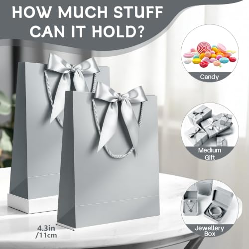 Image of JMANNI Gift Bag, 1PCS Gift Bags with Ribbon and 1 Greeting Cards 2 Tissue Paper, Portable Paper Gift Bag with Handles, Birthday Gift Bags,Present Bags for Wedding Party Mothers Day(Silver)
