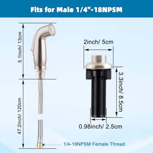 Image of Universal Kitchen Sink Sprayer Replacement, Quick Connector, Brushed Nickel | NSF /ANSI /CAN 372 Certified, Sink Faucet Sprayer Attachment /Hose /Holder, Pull-Out Side Spray Compatible with Moen /Delta Hose