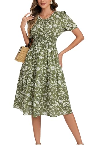 Image of Kormei Women Summer Casual Boho Floral Round Neck Short Sleeve Smocked Waist Tiered Flowy Swing Midi Dress L Floral Green