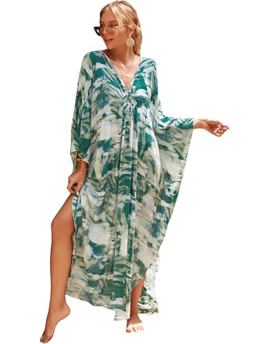 Moss Rose Caftan Coverup Dresses for Women V Neck Summer Swimsuit Kaftan Plus Size Maxi Beach Vacation Clothes