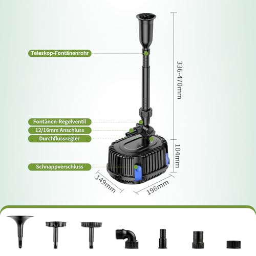 Forever Speed Springbrunnenpumpe außen 1000L/H Teichpumpe Wasserspielpumpe für Gärten, Teich, Brunnen 20W