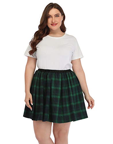 HDE Plus Size Skirt Plaid Mini Skater Skirts Pleated School Girl Green and Black Plaid - 22-24 HDE Plus Size Skirt Plaid Mini Skater Skirts Pleated School Girl Green and Black Plaid - 22-24