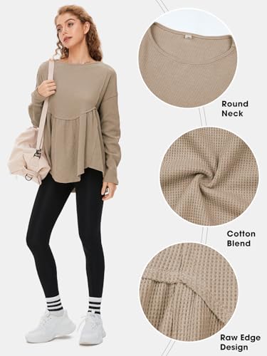 EXLURA Waffle Knit Long Sleeve Shirts for Womens Crewneck Loose Babydoll Tunic Tops Maternity Tops Fall Fashion 2025 Clothes3