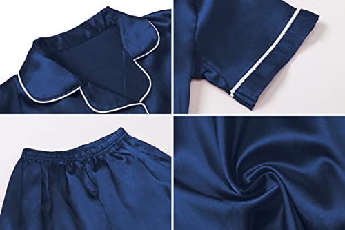 Image of Umeyda Women & Girls Pajamas Set, 2 Piece PJS Satin Silk Sleepwear Button-Down Top with Shorts for Mom Kids Gifts