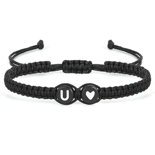 Image of Initial Letter Bracelet for Women Men, Alphabet Handmade Black Adjustable Braid Rope Heart Bracelet, Jewelry Gifts for Daughter Mother's Day Mom Sister