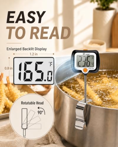 Image of Digital Candy Thermometer with 180 Rotating LED Screen, 304 Stainless Steel Probe, Heat Shield, 2 Pot Clips, Accurate Sugar & Deep Fry Thermometer - Black