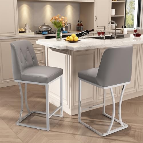 24" Counter Height Bar Stools Set of 2, Grey Counter Stools with Back and Sliver Metal Frame, Modern Luxury Barstools with Footrest, Upholstered PU Leather Bar Chairs for Kitchen Island