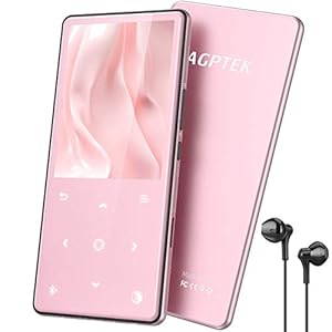 AGPTEK 2,4 inch Bluetooth MP3 speler met ingebouwde luidspreker, 16 GB HiFi muziekspeler met audiokabel, FM-radio en opname, ondersteuning tot 128 GB, roségoud
