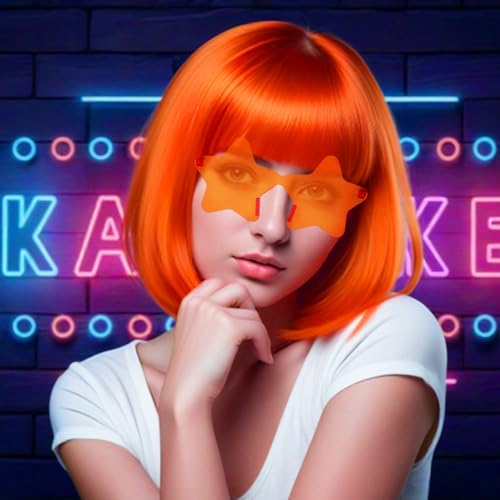 Image of ANOGOL Orange Bob Wig with Bangs Orange Wigs for Women Colored Wigs Party | Hair Cap+Sunglasses Short Neon Wig for Bachelorette Party Funny Outfit for Women Halloween Costume Night Club Crazy Hair Day