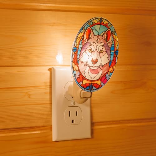 Image of Dog Night Light Husky, Stained Glass Styled Plug-in Wall Nightlight, Bulb Included, Pet Memorial Dog Lover Gift, Bedroom Hallway Bathroom Decor, Manual On /Off Switch