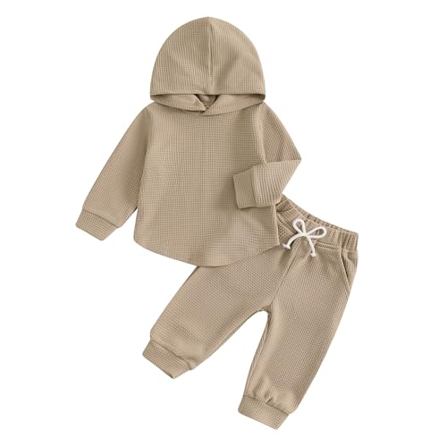 Image of Thorn Tree Infant Baby Boys Pants Set Hooded Solid Sweatshirt Top Pocket Elastic Waist Pants 2Pcs Outfits Fall Winter Suit