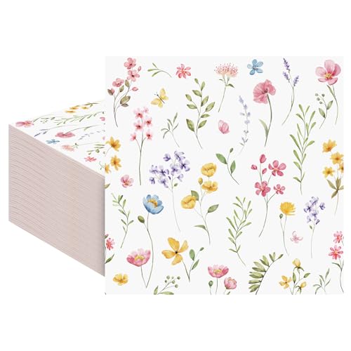 100 Pcs Wildflower Napkins 2-Ply Floral Cocktail Napkins Spring Decoupage Dessert Dinner Napkin for Baby Shower Tea Party Easter