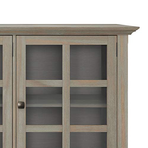 Simplihome Acadian Solid Wood 62 Inch Wide Transitional Wide Storage Cabinet In Distressed Grey, With 3 Tempered Glass Doors, 3 Adjustable Shelves #TOP4