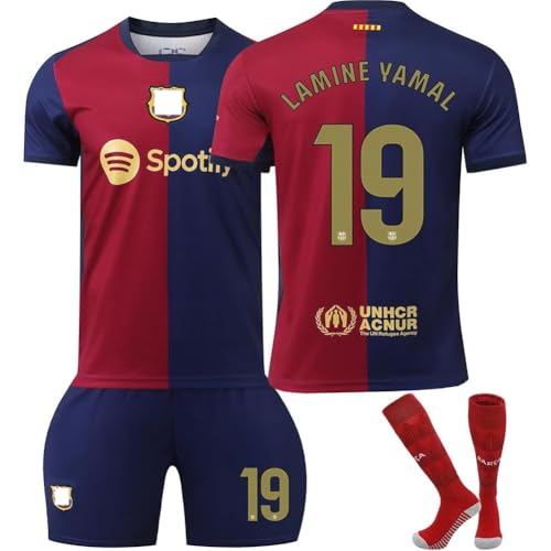 24-25 ホーム ヤマル サッカー ユニフォーム 背番号19 Lamine Yamal 大人用 子供用 練習着 スポーツ シャツ 上下セット 靴下付き (24)