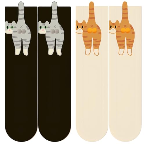 oooaooo 2 Paar Katzen Socken Damen, Cat Socken, Katzensocken Katzen Cute Socks 3D, Funny Socks Weich Atmungsaktiv mit Lustigen Katzenmustern Sock Geschenke für Katzenliebhaber Frauen Mädchen