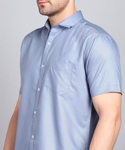 Image of MILDIN Men's Cotton Blend Solid Shirt with Spread Collared Half Sleeve Curved Hemline Button Closure Regular Fit and One Pocket | Half Sleeve Shirt for Men