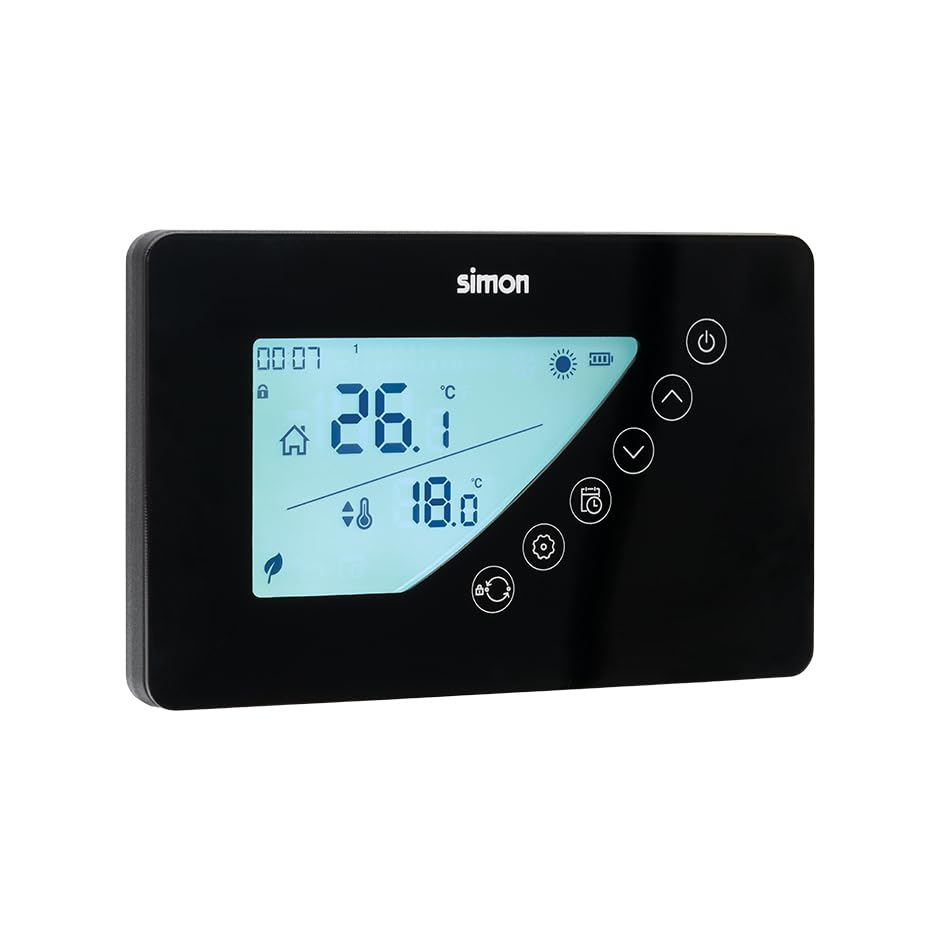 SIMON – Termostato Digital Programable Semanal, Modos Ahorro y Confort, Compatible Calefacción y Aire Acondicionado, Pantalla LCD, Instalación Superficie, Color Negro