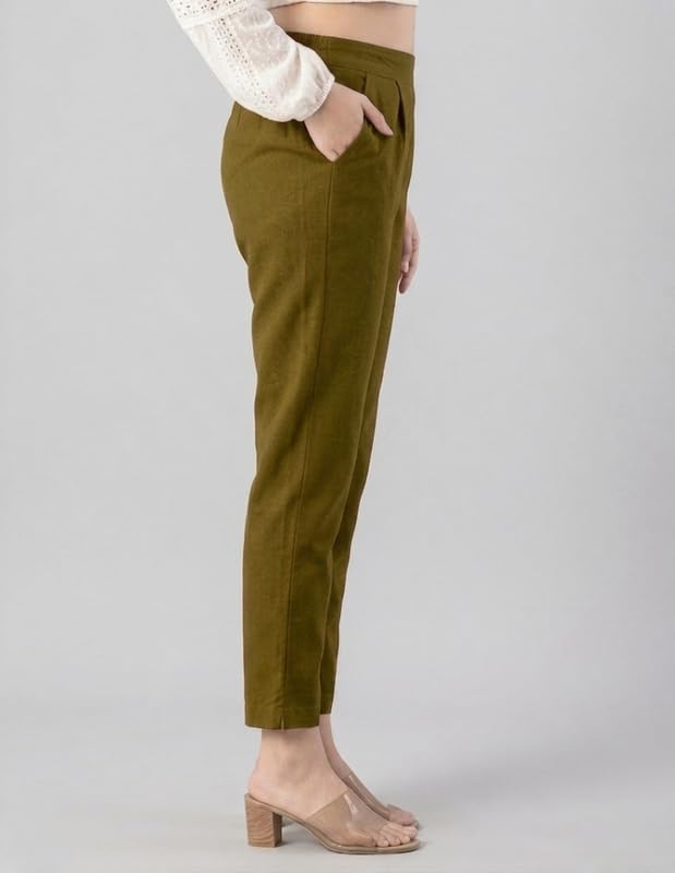 Image of Solid Cotton Woman Trousers Pants Regular Fit Kurti Pant with Drawstring Daily Office Formal Casual Use