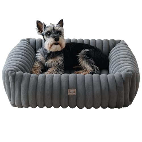 Small Dog Bed with Wave-Textured Design, Washable Rectangular Pet Bed, Calming Soft Fluffy Puppy Bed, Non-Slip Waterproof Dog Bedding, Grey, S(50x48x15cm)