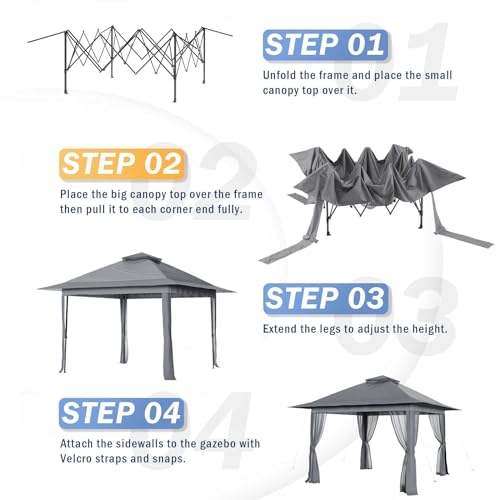 UDPATIO 13'x13' Pop up Gazebo Canopy Tent, Outdoor Patio Waterproof Gazebo with Mosquito Netting for Lawn, Garden, Backyard and Deck, Grey