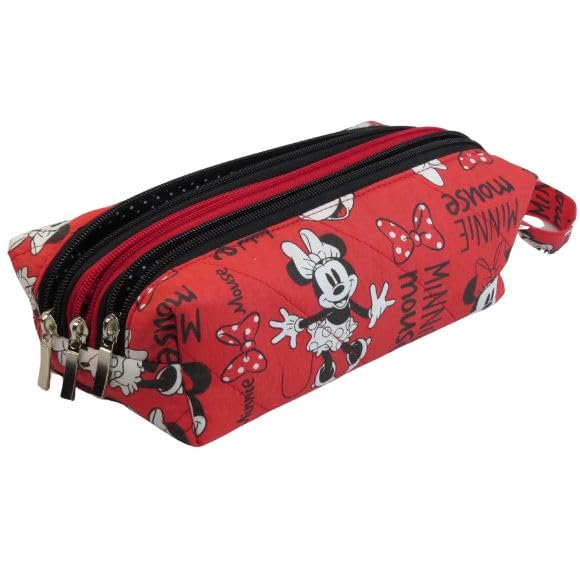 Estojo Triplo Minnie Mouse Vermelho em Algodão com Zíper