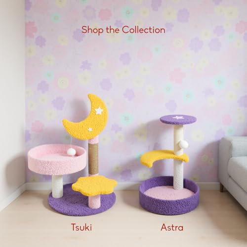 Image of Astra 3-Level Cat Tree for Indoor Cats & Kittens | Cute Star Cat Scratching Post Tower with Pom-Pom Toy, Perch & Cozy Base | Aesthetic Cat Furniture for Indian Homes