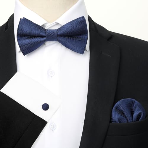 Image of HISDERN Mens Plaid Bow Tie Set Pocket Square and Cufflinks Bowtie | Pretied Bowties Design for Easy Wear,Check Pattern,Matching Handkerchief Cuff Link,3PCS Set Wedding Formal Party Groom Prom