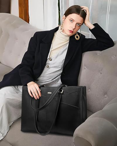 Image of LOVEVOOK Laptop Bag for Women 17.3 Inch Tote Bags Waterproof Leather Briefcase Computer Women Business Office Work Bag,Black