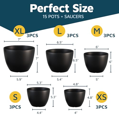 Black Plant Pots with Drainage Holes & Saucers 15 Pack, Indoor & Outdoor Stackable Space-Saving Planters for Houseplants & Flowers, (7", 6.7", 6", 5.3", and 4.8" Inches), Durable & Weatherproof by Lifemaster - Image 2