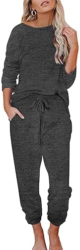 Ekouaer Damen Schlafanzug Lang Zweiteiler Hausanzug | Rundhals mit „X“-Nähte, Ärmel- und Beinabschlüsse, Brusttasche, Taschen & Kordelzug; garngefärbter Stoff, Micro-Fleece